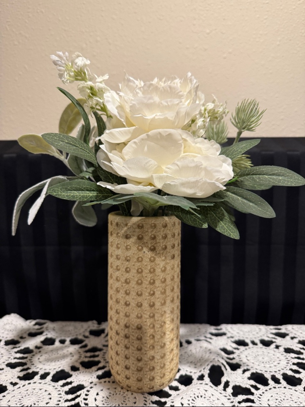 White Faux Peony Arrangement with greenery in a Textured Tan Vase